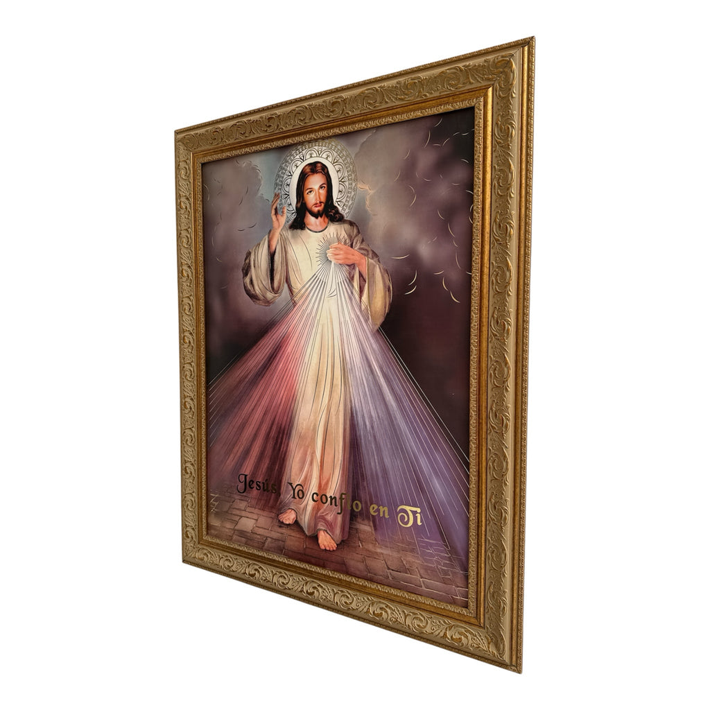 Cuadro ENCUADRO de la Divina Misericordia con marco dorado ornamentado y la frase Jesús en Ti confío