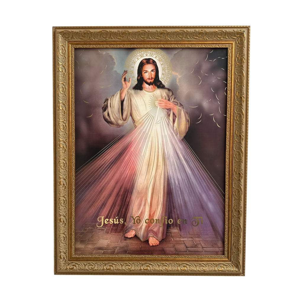 Cuadro ENCUADRO de la Divina Misericordia con marco dorado ornamental y la frase Jesús, en Ti confío.