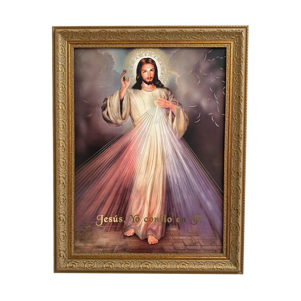 Cuadro ENCUADRO de la Divina Misericordia con marco dorado ornamental y la frase Jesús, en Ti confío.