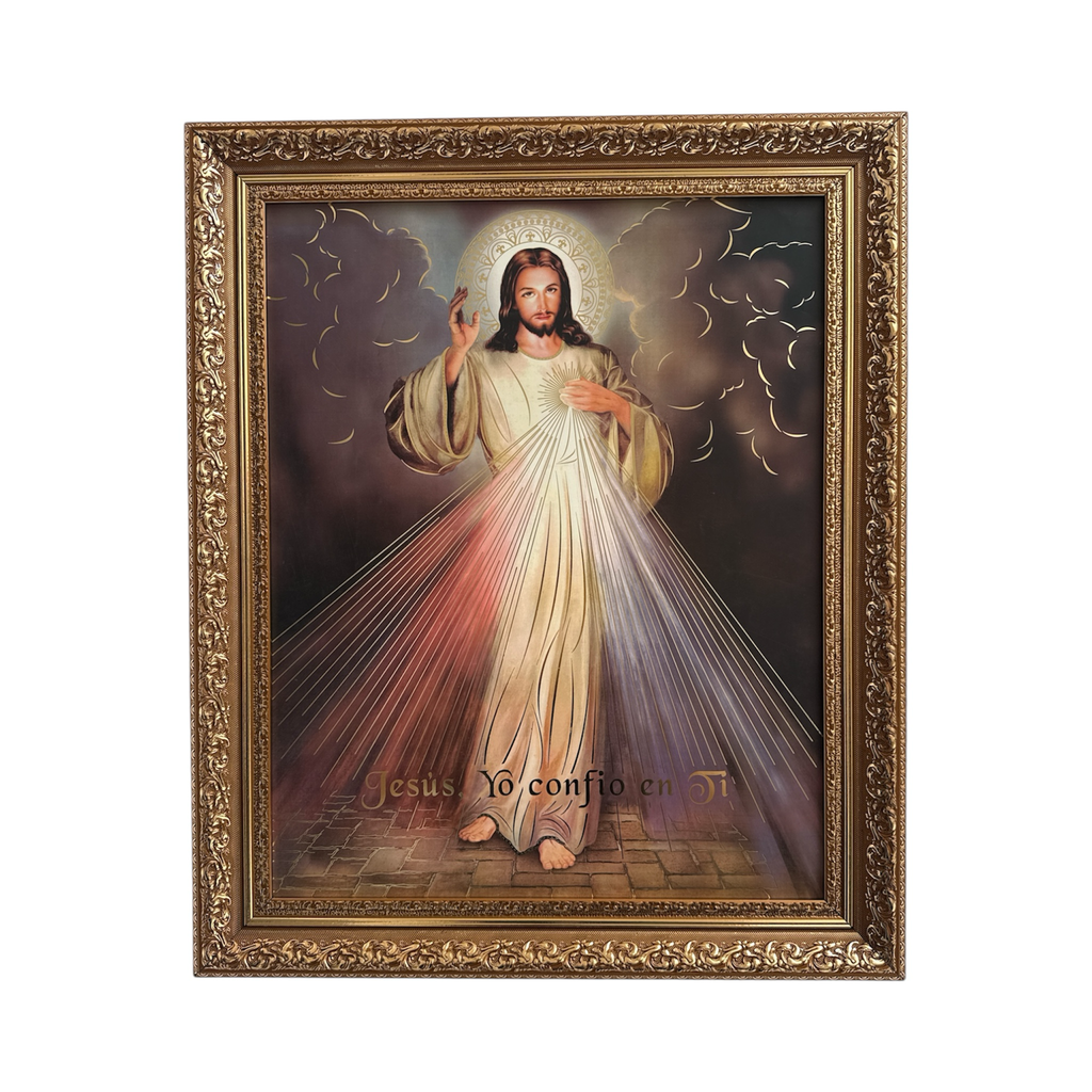 Cuadro religioso ENCUADRO de la Divina Misericordia con marco dorado ornamentado y representación de Jesús.