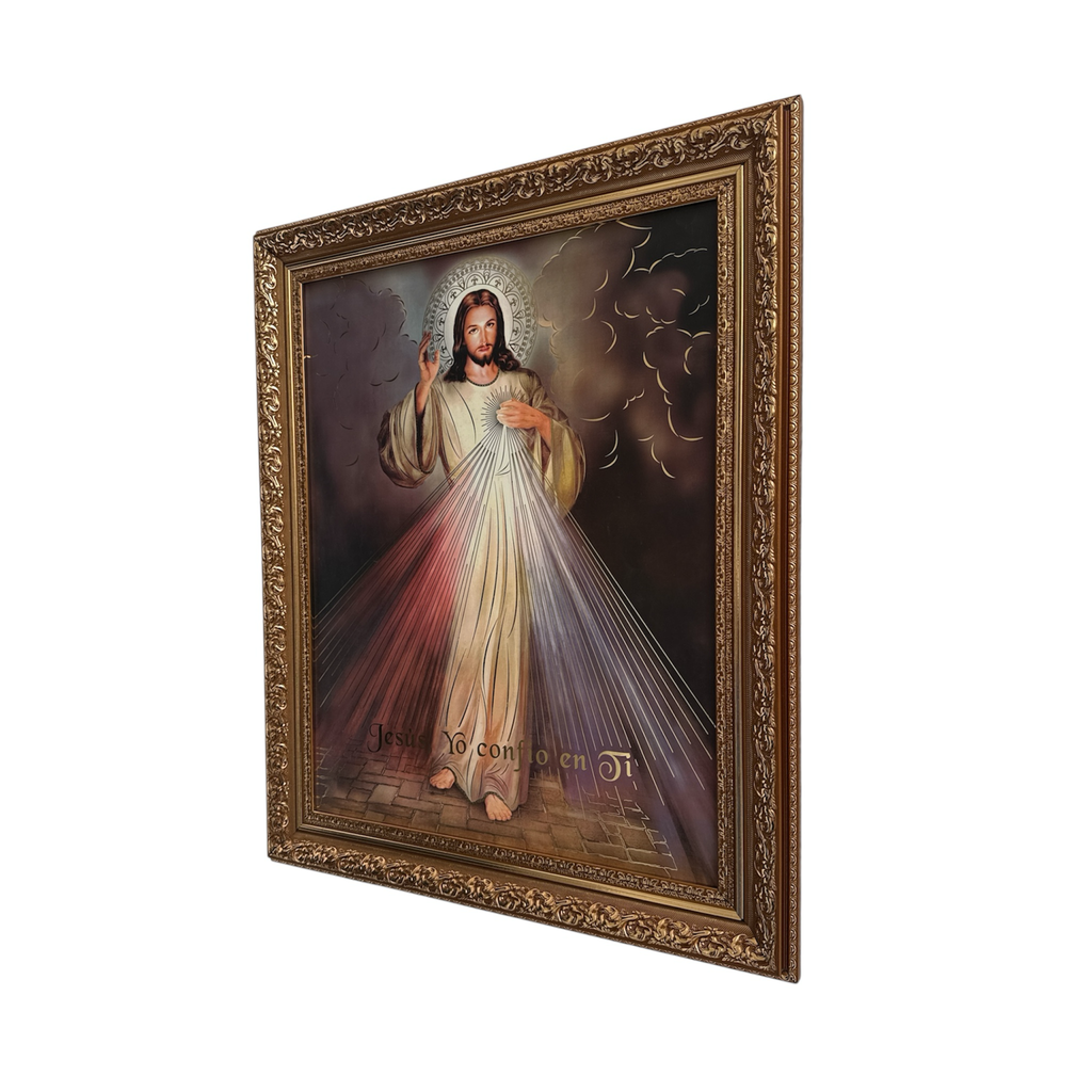 Cuadro religioso ENCUADRO de la Divina Misericordia con marco dorado ornamentado y representación de Jesús.