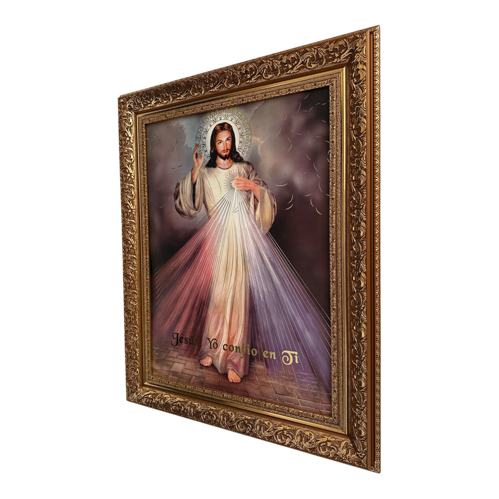 Cuadro religioso ENCUADRO de Jesús Misericordioso con marco barroco dorado y frase Jesús en Ti confío