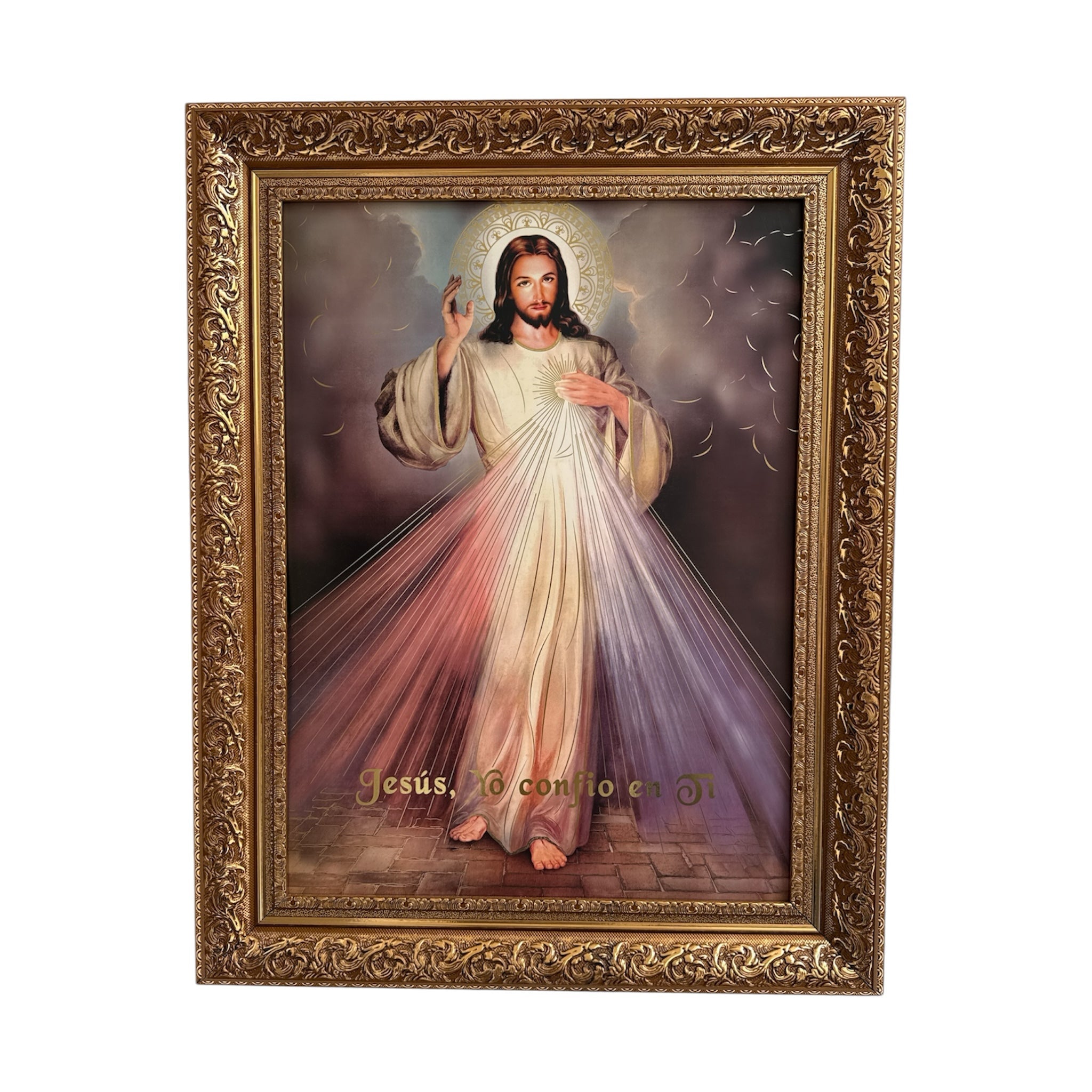 Cuadro religioso ENCUADRO de Jesús Misericordioso con marco barroco dorado y frase Jesús en Ti confío
