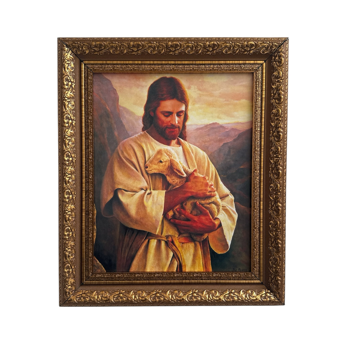 Cuadro religioso ENCUADRO del Buen Pastor con marco dorado ornamentado y detalles en relieve estilo clásico