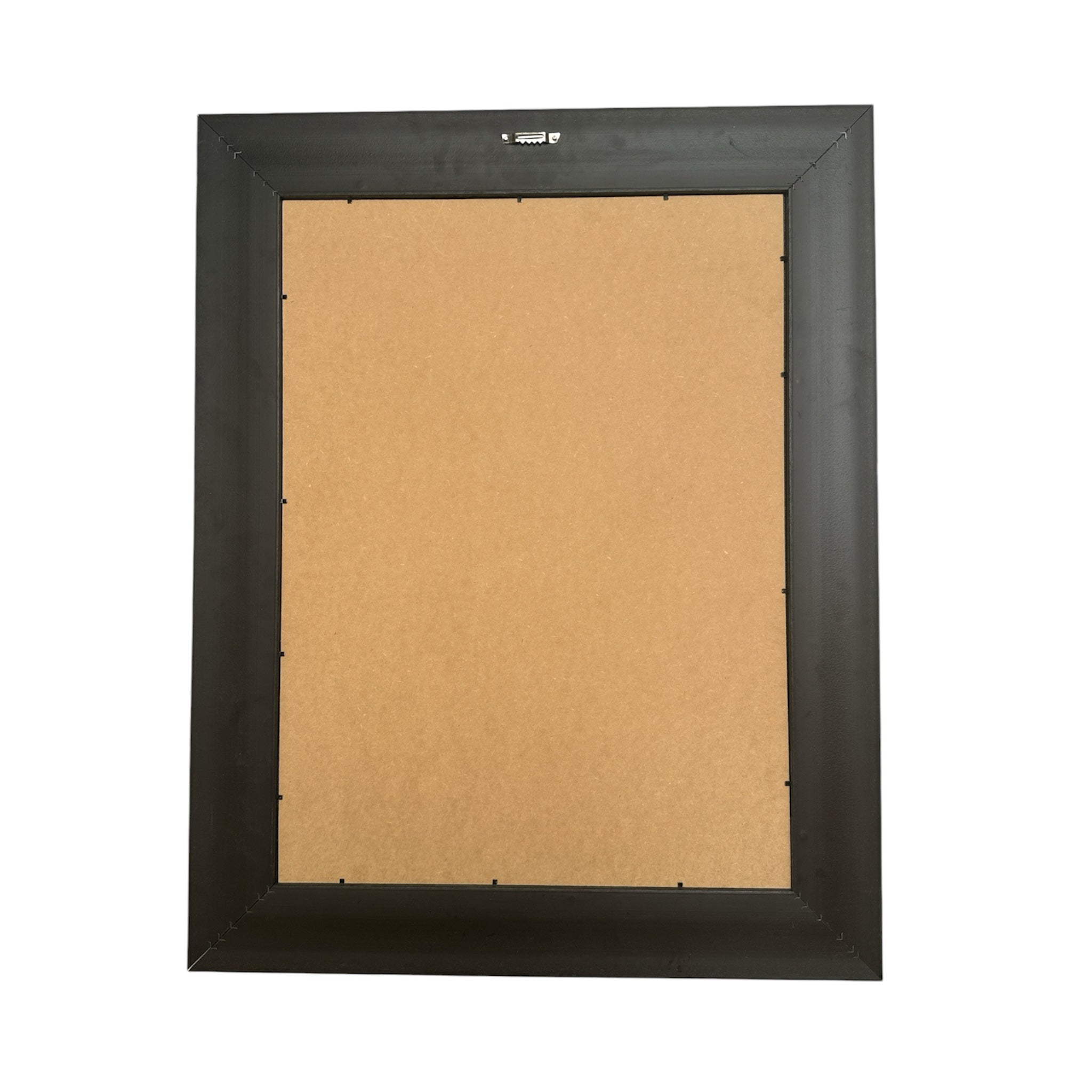 Vista trasera del cuadro ENCUADRO con marco negro, panel de cartón y herraje metálico para colgar en la pared.