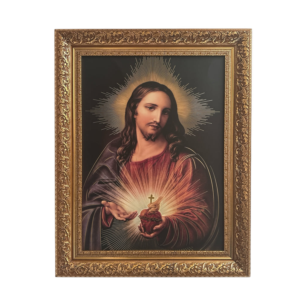 Cuadro religioso ENCUADRO del Sagrado Corazón de Jesús con marco dorado ornamentado de estilo clásico y elegante.