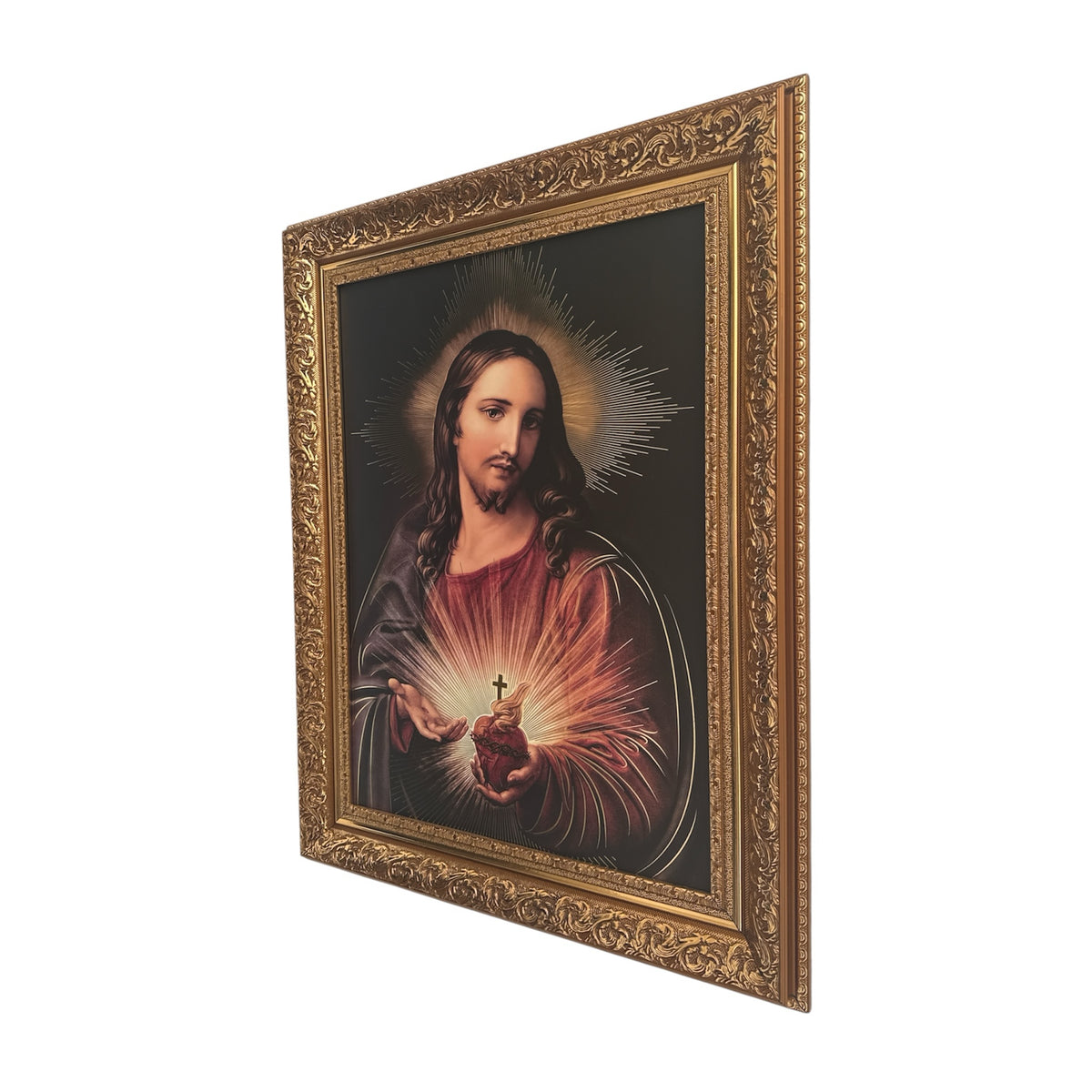 Cuadro ENCUADRO del Sagrado Corazón de Jesús con marco dorado ornamentado y detalles artísticos de estilo clásico.