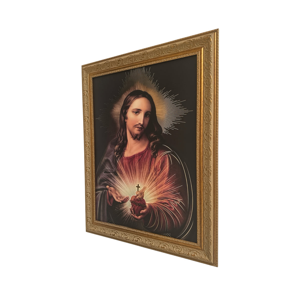 Cuadro religioso ENCUADRO del Sagrado Corazón de Jesús con marco barroco dorado envejecido y relieves ornamentados