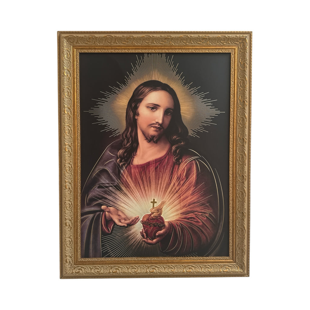 Cuadro religioso ENCUADRO del Sagrado Corazón de Jesús con marco barroco dorado envejecido y detalles ornamentados