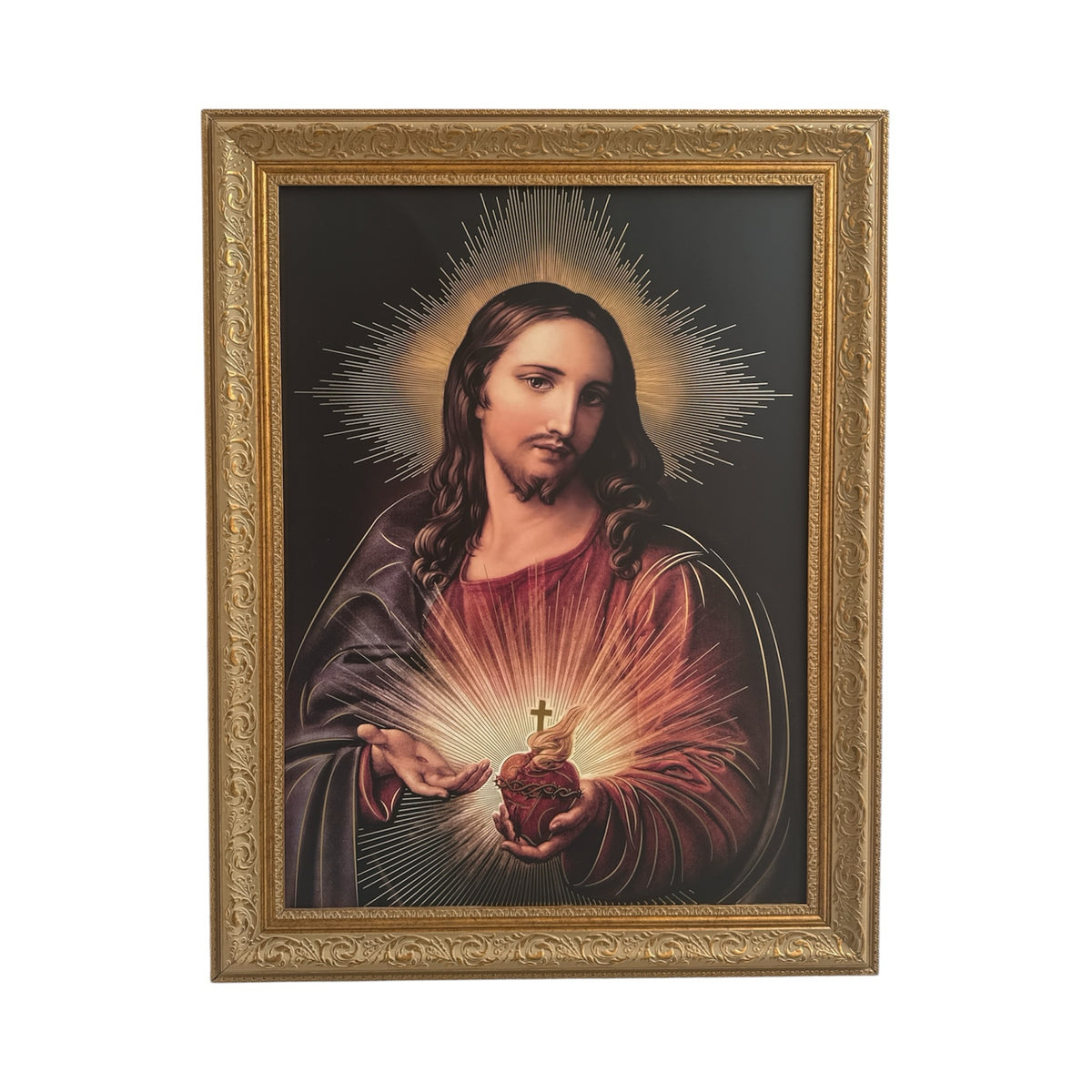 Cuadro religioso ENCUADRO del Sagrado Corazón de Jesús con marco barroco dorado envejecido y detalles ornamentados