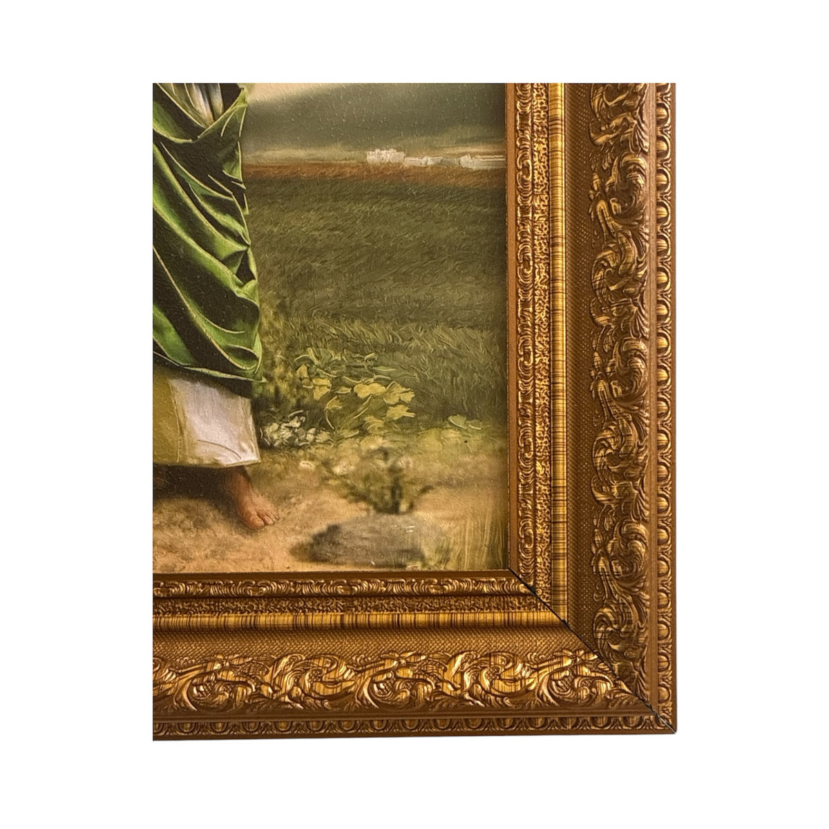 Detalle de cuadro religioso ENCUADRO de San Judas Tadeo con túnica verde y marco barroco dorado envejecido.