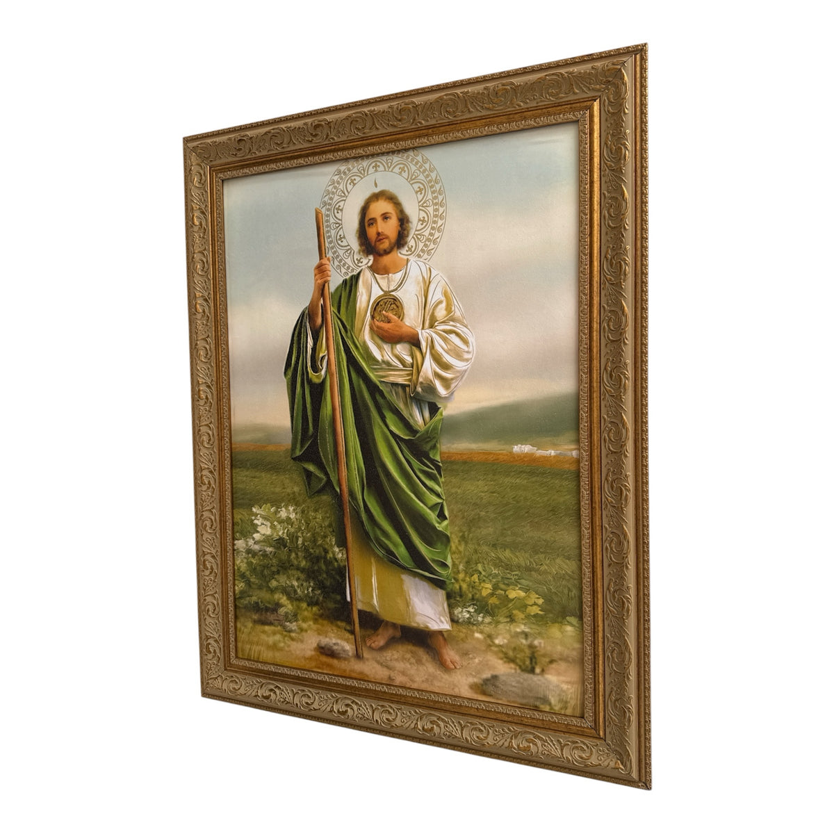 Cuadro religioso ENCUADRO de San Judas Tadeo con túnica blanca y manto verde en marco dorado ornamental