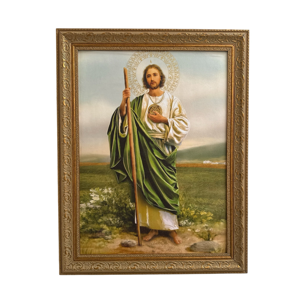 Cuadro decorativo ENCUADRO de San Judas Tadeo con túnica blanca y manto verde en marco dorado ornamental clásico.