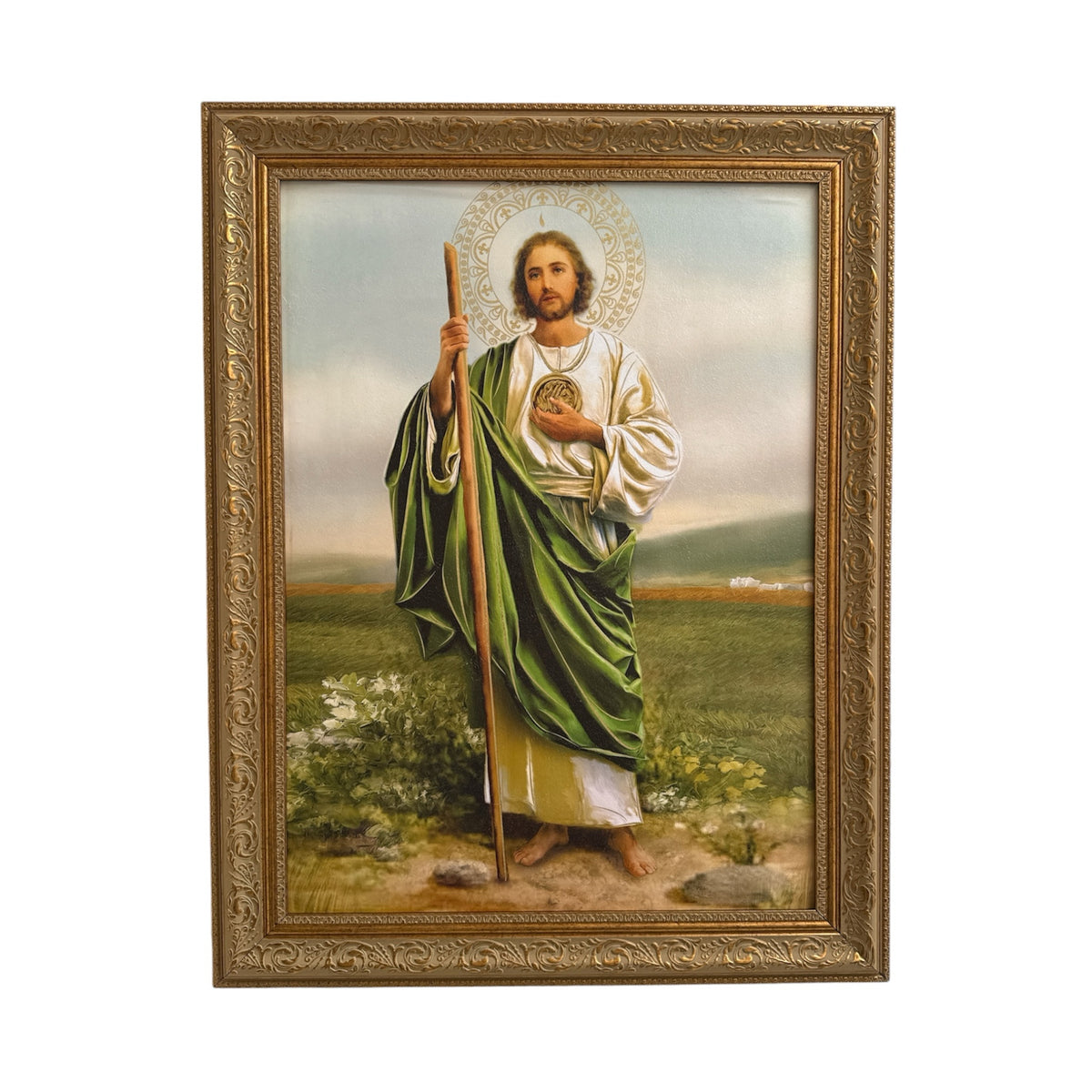 Cuadro decorativo ENCUADRO de San Judas Tadeo con túnica blanca y manto verde en marco dorado ornamental clásico.