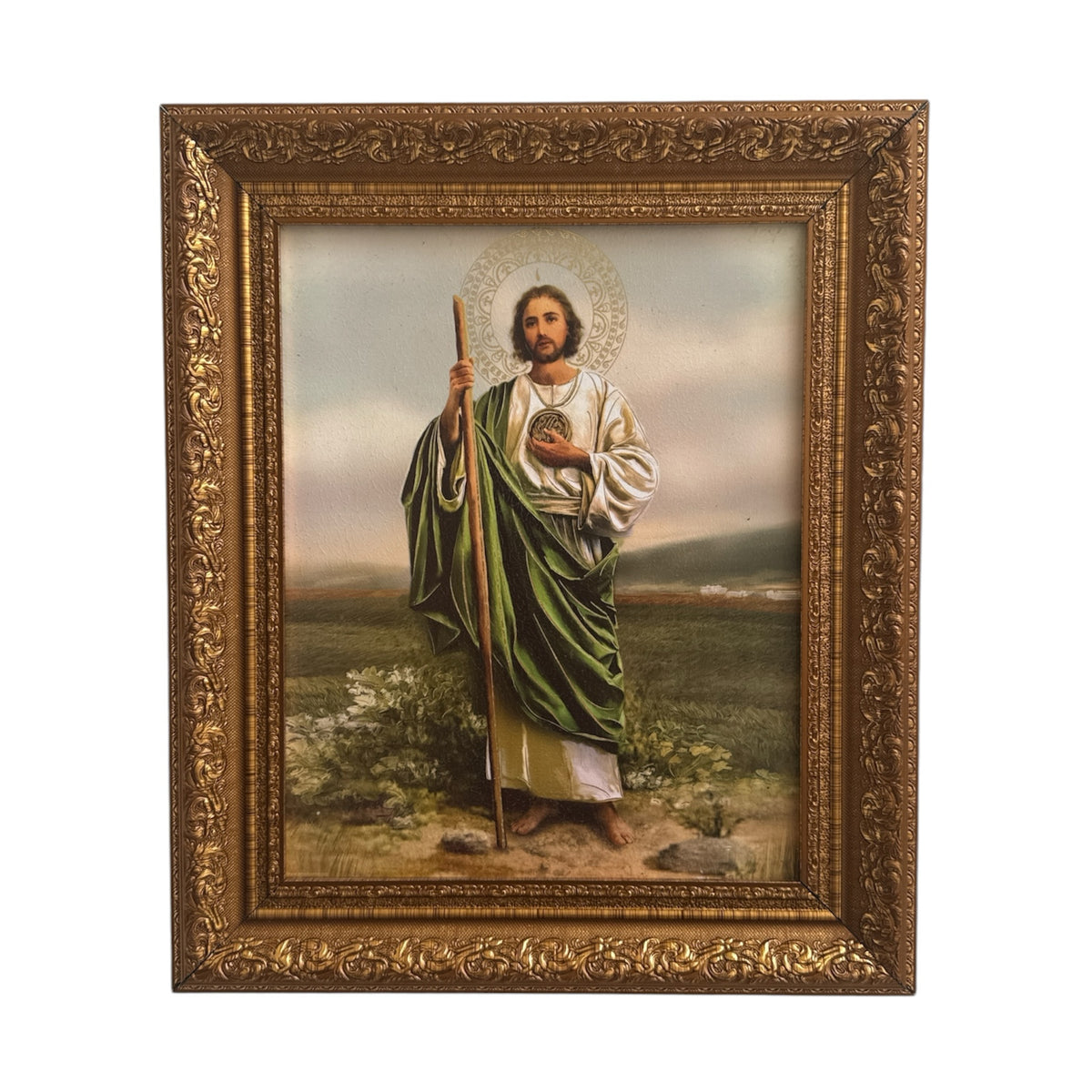 Cuadro religioso ENCUADRO de San Judas Tadeo con túnica verde y blanca en marco barroco dorado envejecido.