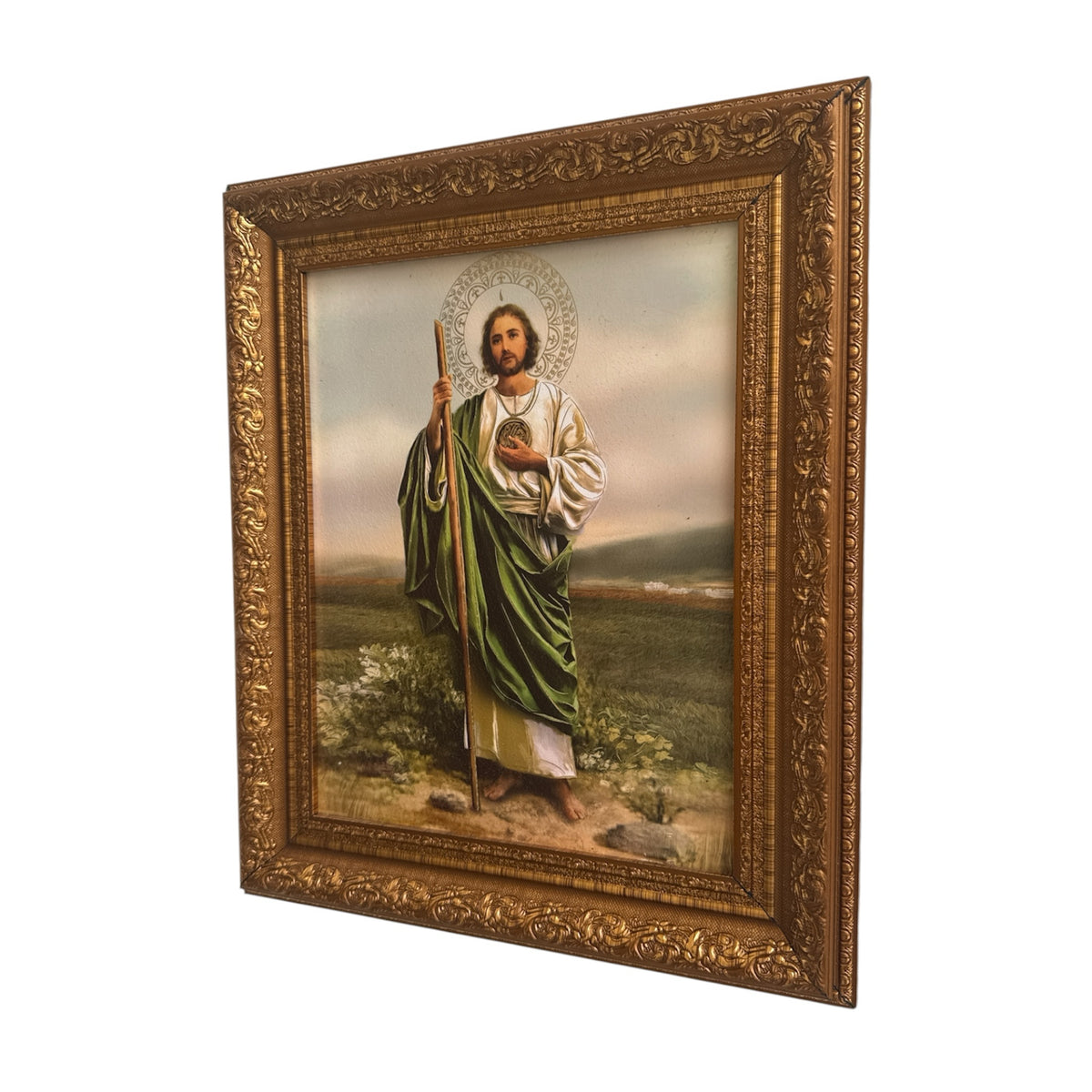 Cuadro religioso ENCUADRO de San Judas Tadeo con túnica verde y blanca en marco barroco dorado envejecido