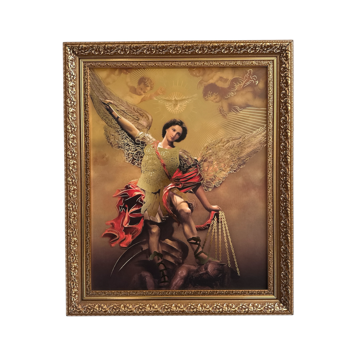 Cuadro religioso ENCUADRO de San Miguel Arcángel con marco barroco dorado envejecido y detalles artísticos clásicos.
