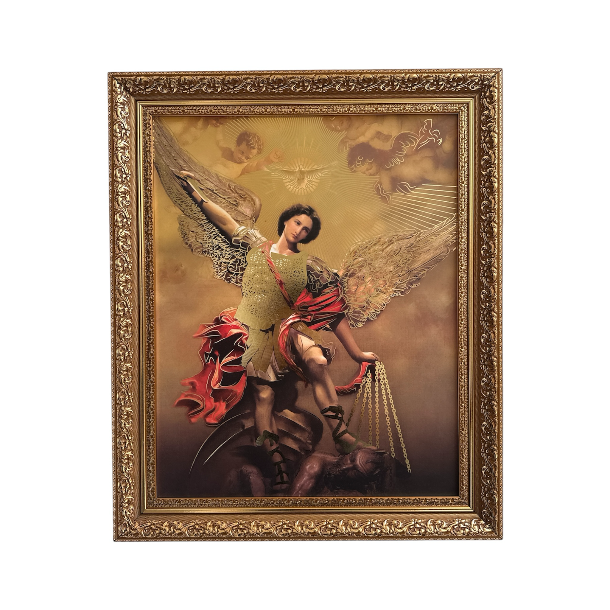 Cuadro religioso ENCUADRO de San Miguel Arcángel con marco barroco dorado envejecido y detalles artísticos clásicos.