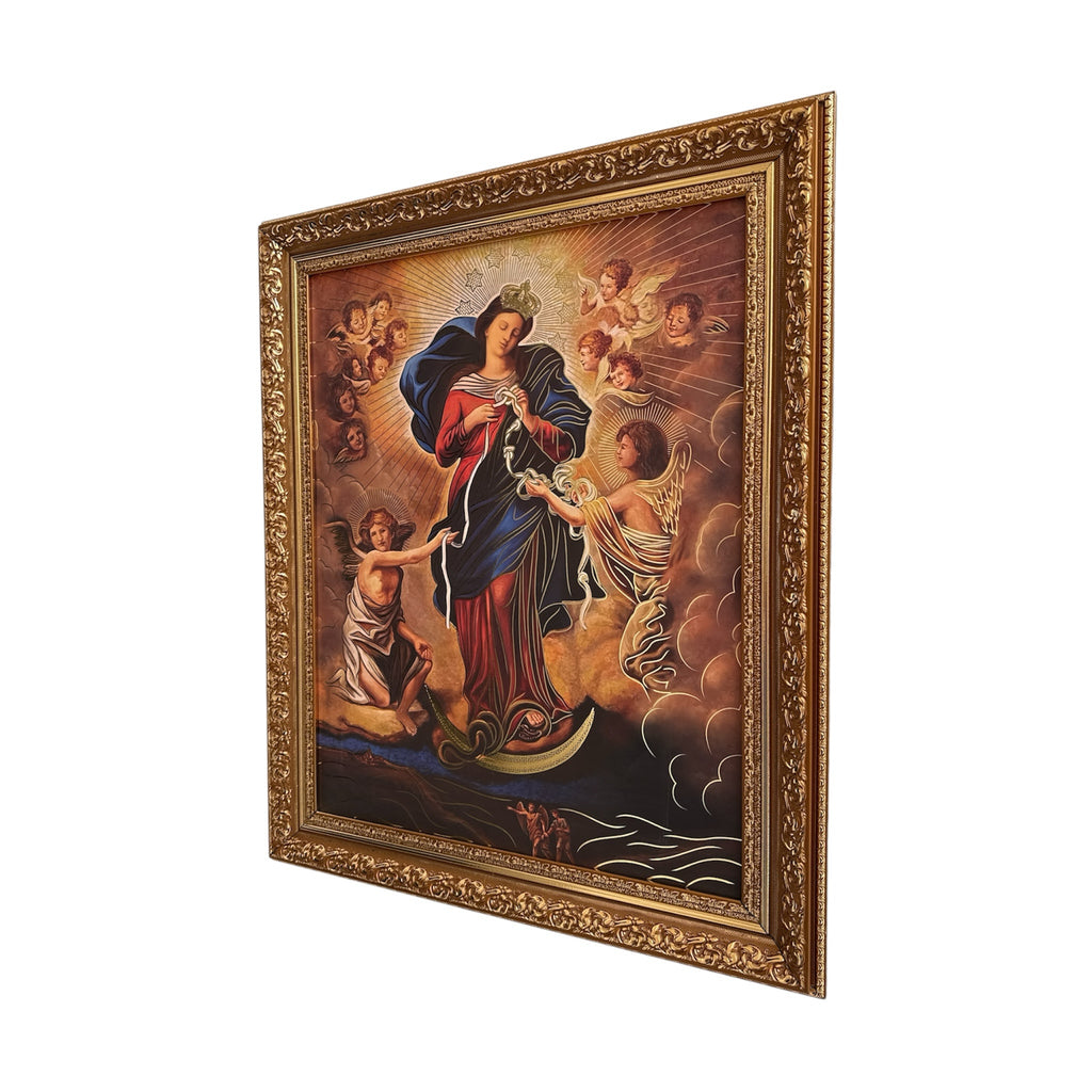 Cuadro religioso ENCUADRO de la Virgen Desatanudos con marco dorado ornamentado y ángeles en estilo clásico