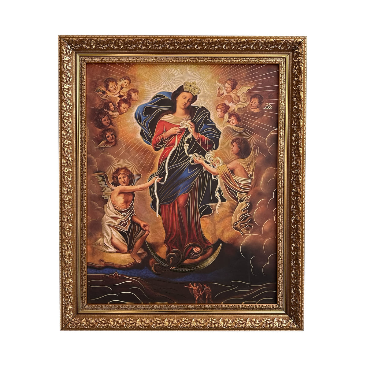 Cuadro religioso ENCUADRO de la Virgen Desatanudos con marco dorado ornamentado y detalles celestiales