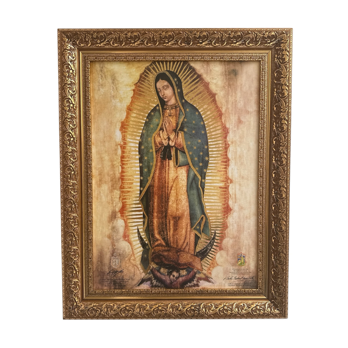 Cuadro religioso ENCUADRO de la Virgen de Guadalupe con marco dorado clásico y detalles artísticos vibrantes.