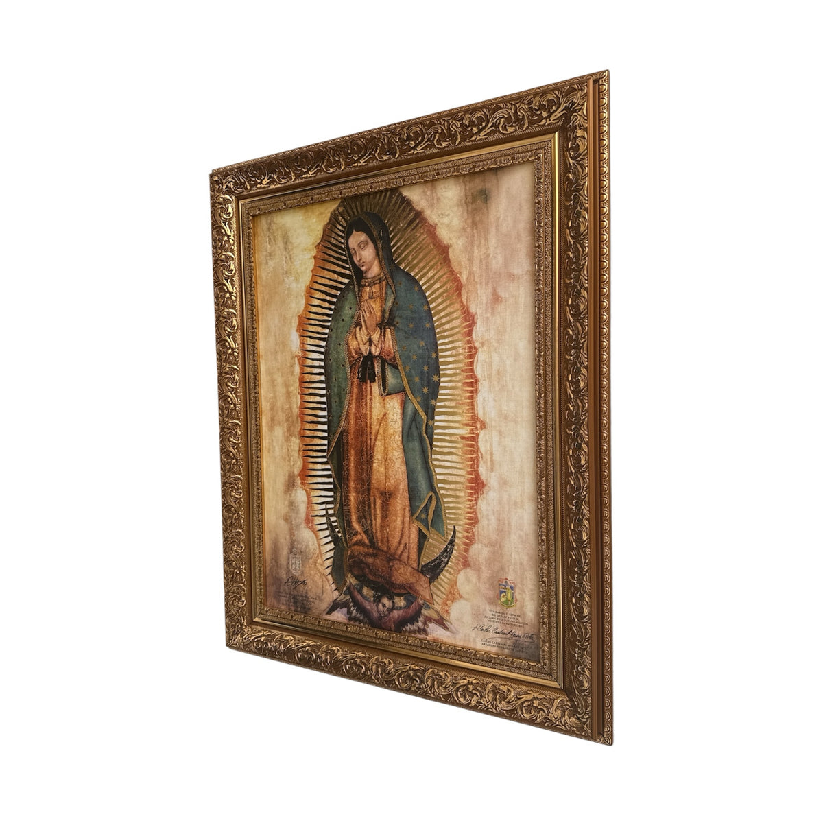 Cuadro religioso ENCUADRO de la Virgen de Guadalupe con marco dorado clásico y detalles detallados en vista lateral.